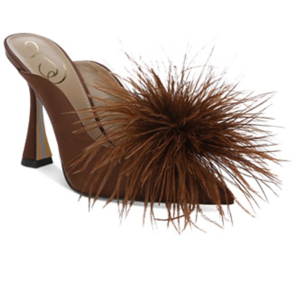 Sam Edelman Cocoa Brown Satin Feathered Mules Size 6